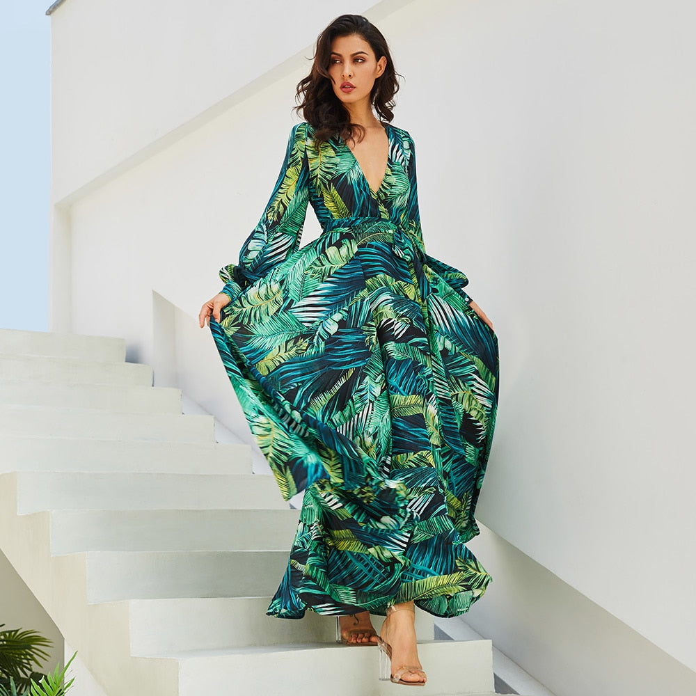 Tropical print bohemian maxi dress